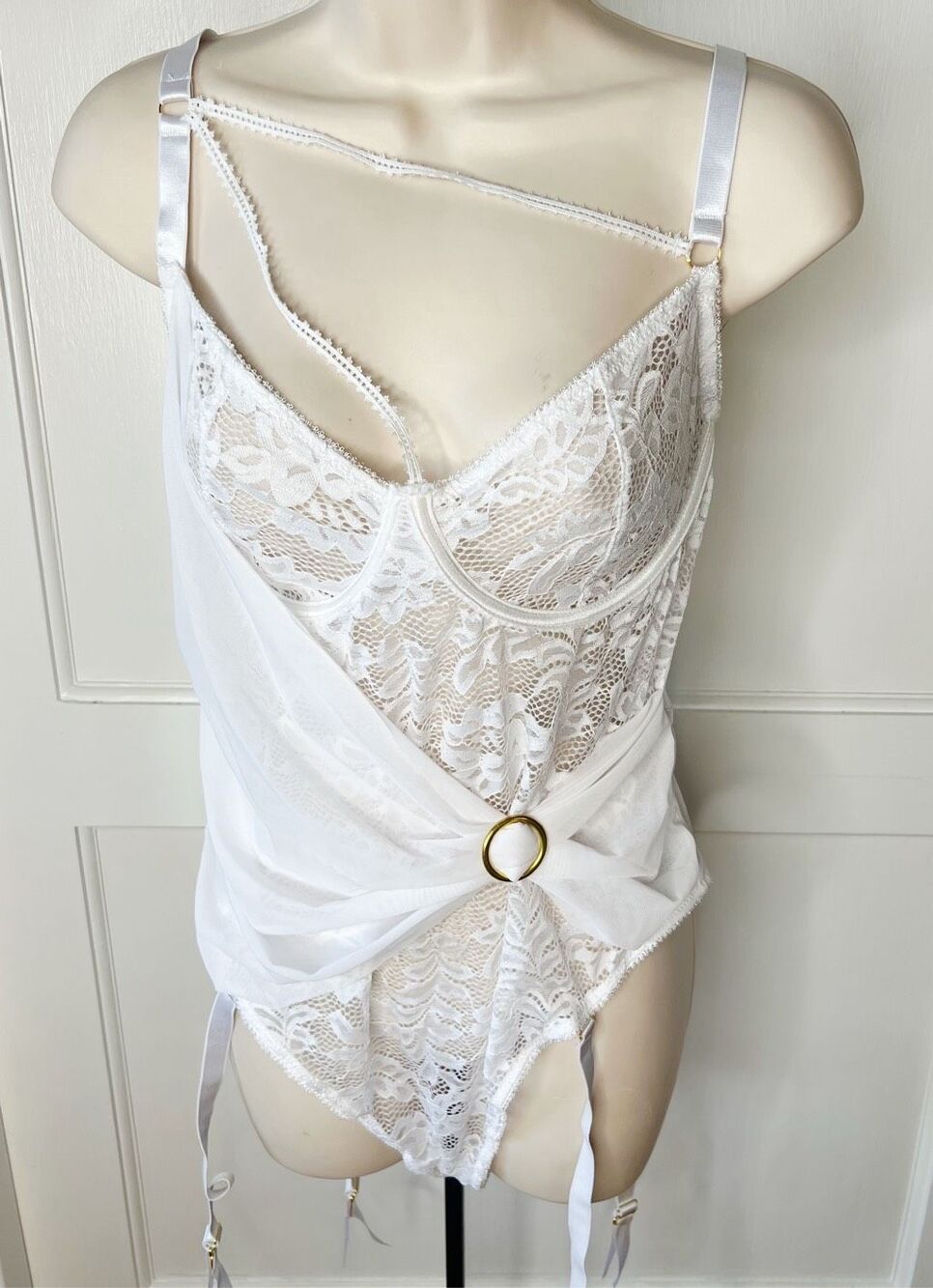 Dreamgirl Floral Lace Garter Teddy White Plus Size 1X NWOT